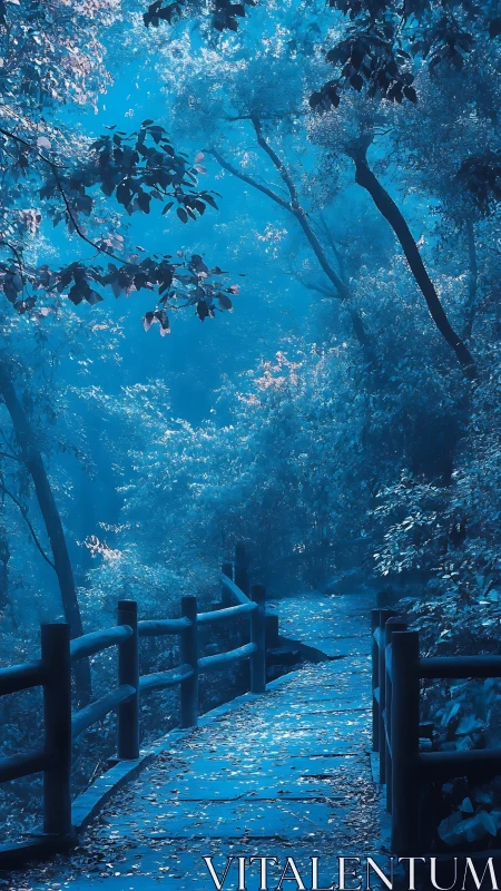 Wooden pathway beneath forest canopy in blue-tinted landscape
