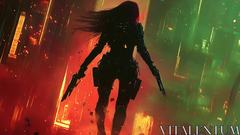 Armed cyberpunk woman walking through neon firestorm.