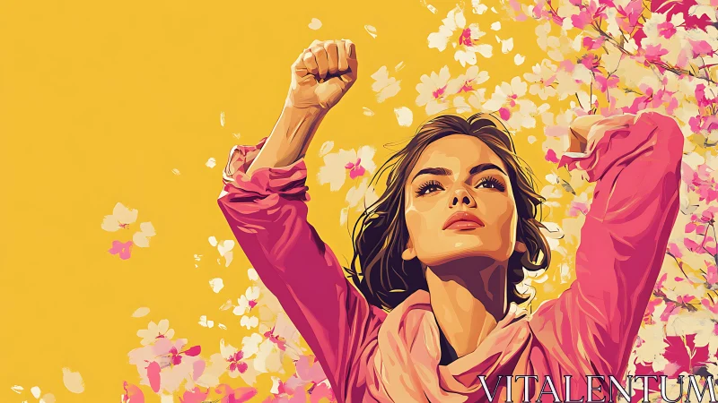 Confident Woman in Pink Surrounded by Blossoms, Digital Art Style.