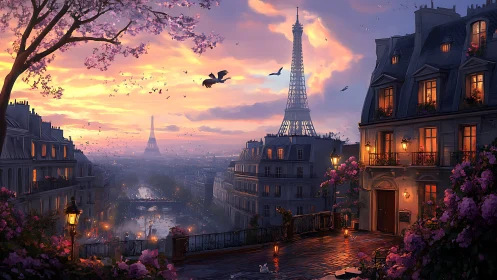 Digital painting of romantic Paris terrace at luminous sunset.