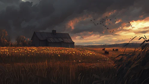 Storm-lit agrarian field with barn, cattle and migrating birds.