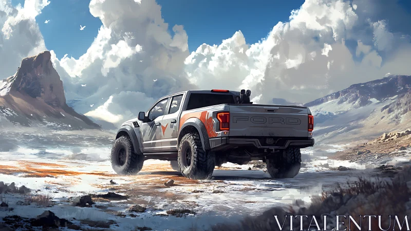 Rugged pickup truck roaming free in wide open mountain snow.