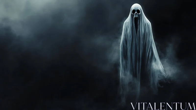 Skull-faced spectral figure emerges through dense cinematic fog