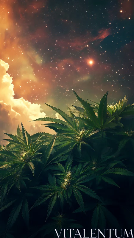 Starlit garden where dreamy sky drifts over lush leaves.