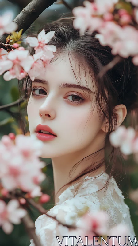 Young woman in soft focus among pink spring blossoms.