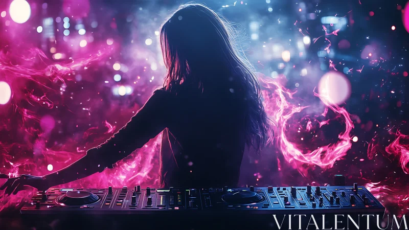 Neon-lit DJ silhouette commands a vibrant swirling nightclub