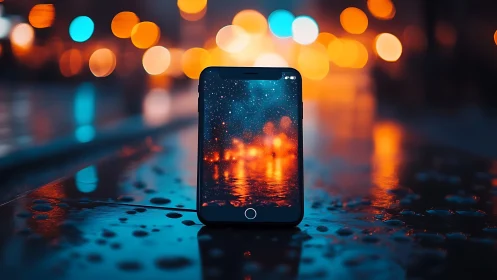Smartphone on wet street with neon bokeh depth-of-field study.