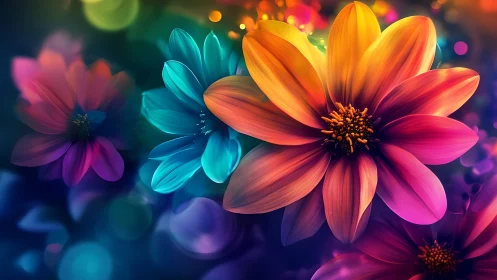 Neon Gradient Flowers with Vibrant Bokeh Backdrop.