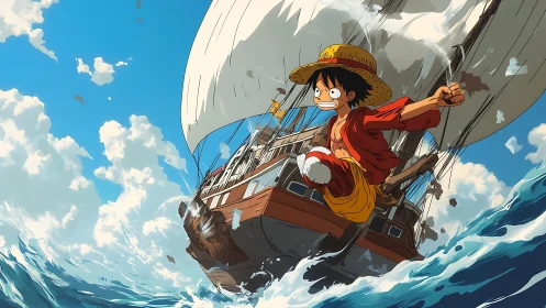 Straw-hatted hero leaping from sailing ship over vivid sea.