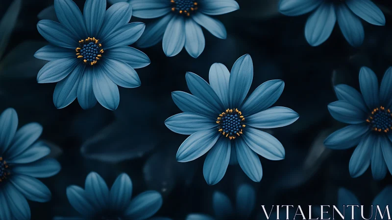 Blue Daisies with Golden Centers on Dark Background.