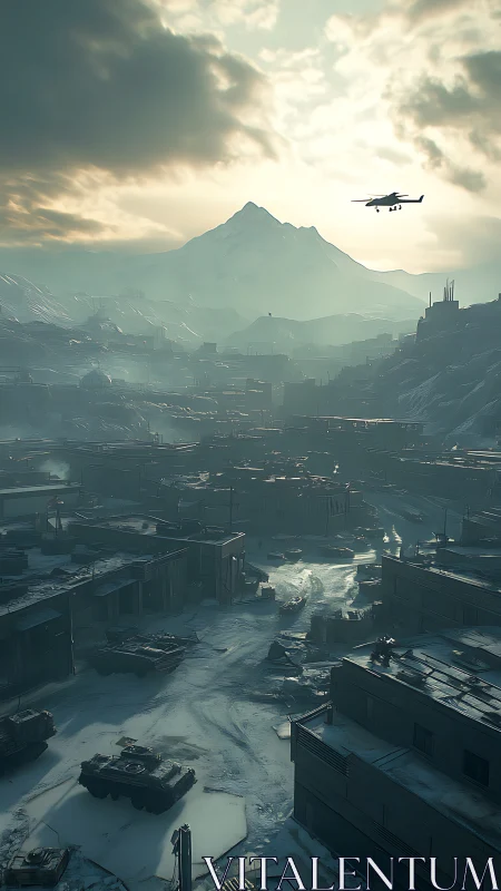 Snow-covered military settlement extends beneath distant peak