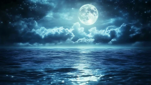 Luminous full moon illuminates reflective open ocean under dense clouds
