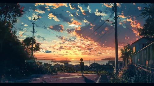 Solitary child watching vivid coastal sunset sky.