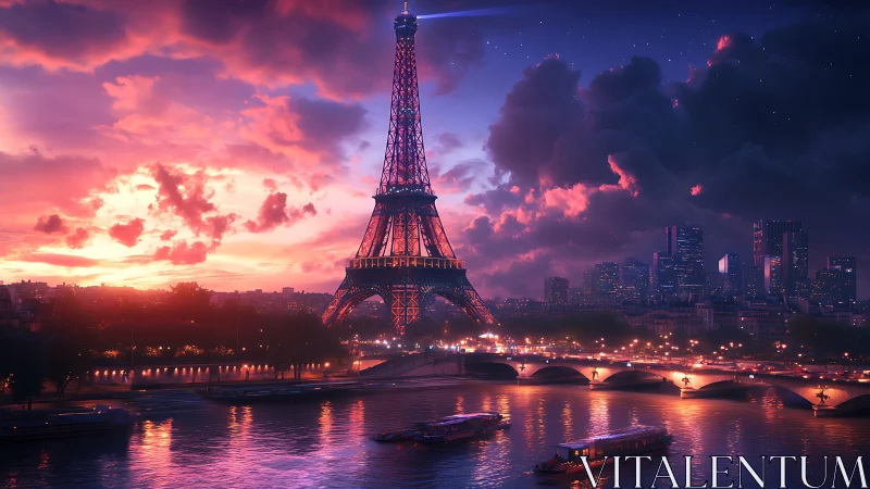 Eiffel Tower twilight skyline in neon magenta dusk glow.