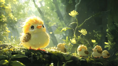 Fluffy forest chicks basking in gentle morning sunlight.