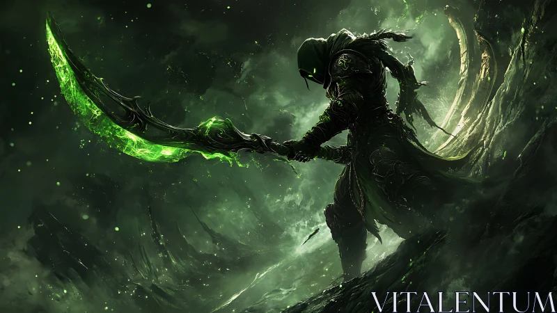 Wraith assassin wields toxic scythe amid emerald storm.