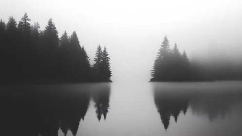 Foggy conifer shoreline reflected across still water surface.