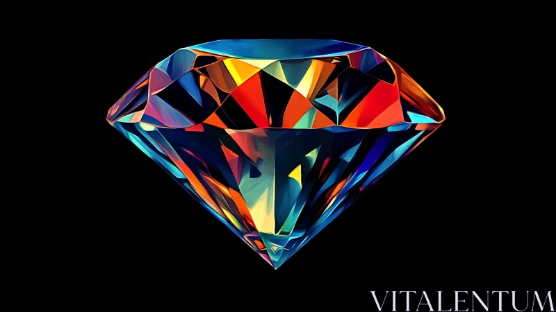 Prismatic diamond floats in darkness with neon firelight glow