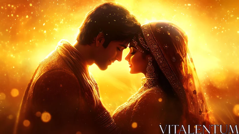 Two figures in profile against golden luminous background.