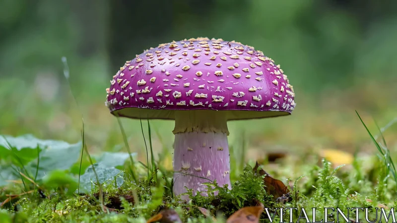 Macro forest study of single violet mushroom with granular cap texture
