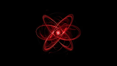 Glowing red atomic energy symbol swirls on deep black space