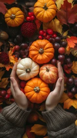 Hands cradle mini pumpkins amid rich autumn harvest palette.