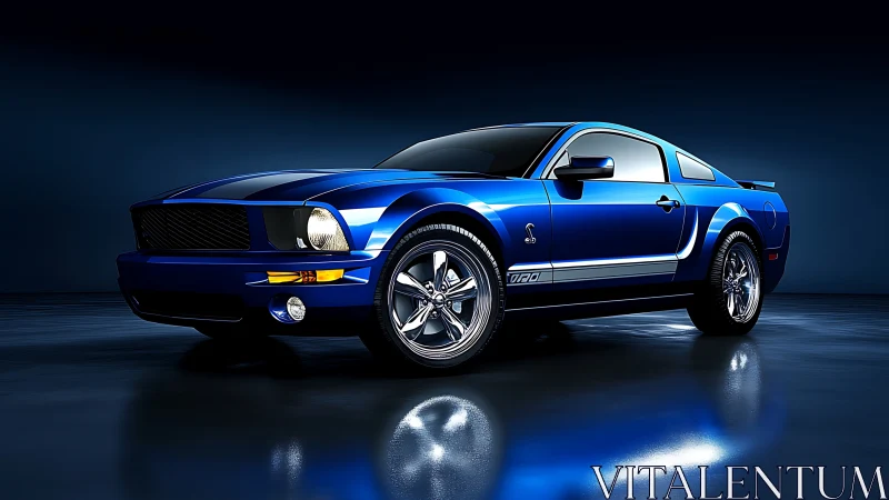 Photorealistic blue muscle car in high-gloss studio lighting.