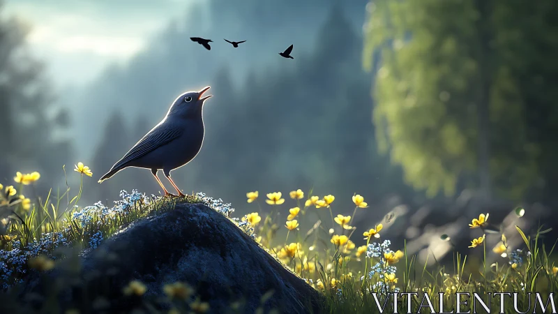 Singing bird on rock in dreamy forest, soft morning light, digital art.