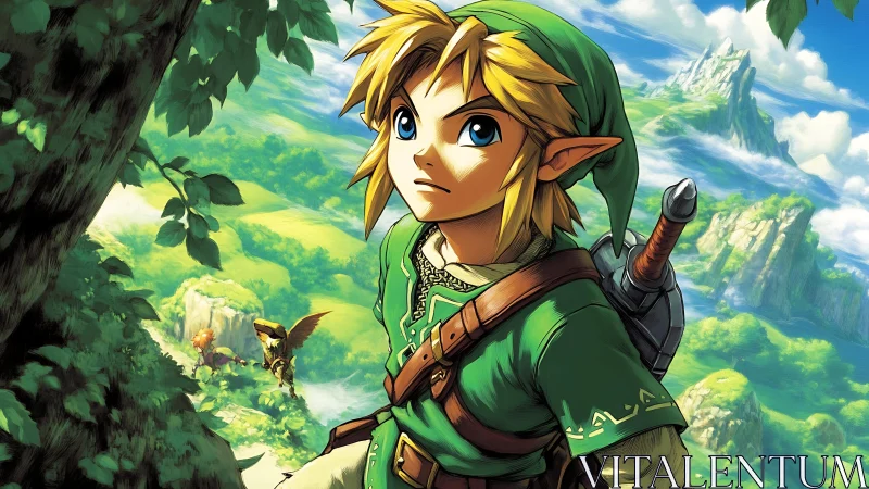 Heroic elf warrior in verdant fantasy landscape, cel-shaded