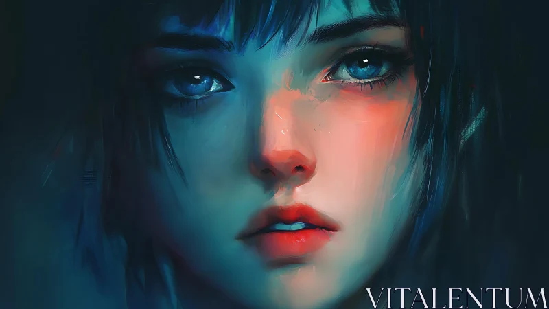Melancholic blue-eyed portrait in vivid neon hues.