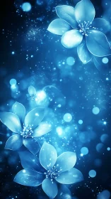Luminescent blue flowers with glowing particles in deep space