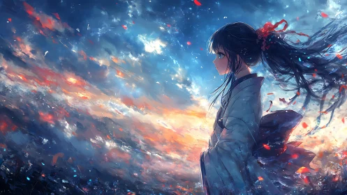 Celestial horizon surrounds kimono girl in luminous winds.