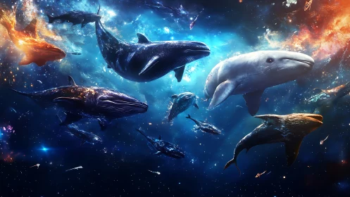 Stellar whales drift gently through glowing cosmic oceans
