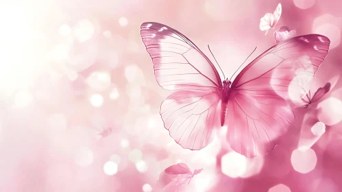 Delicate pink butterfly glows in dreamy bokeh light.