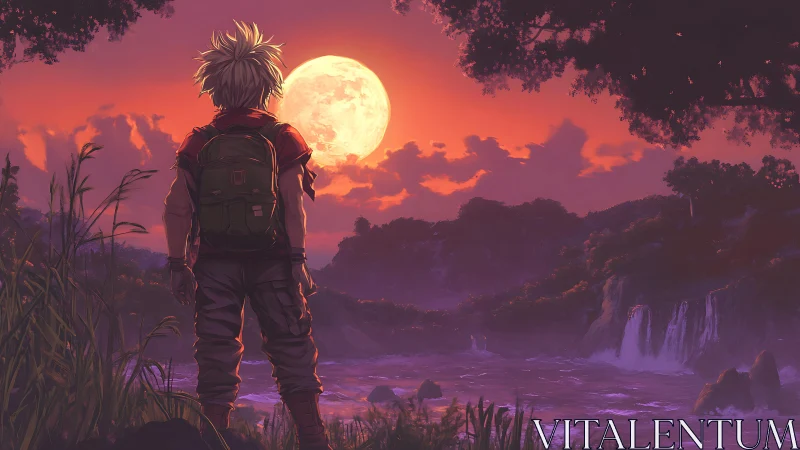 Backlit hiker studies supermoon over river valley at dusk