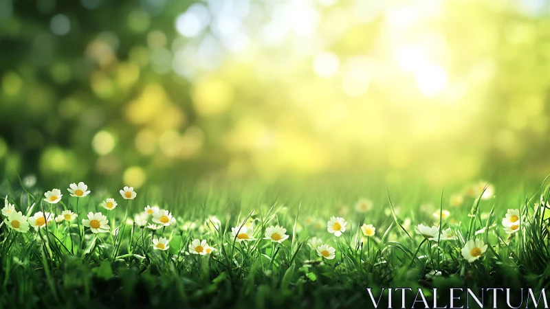 Sunlit meadow daisies glow against soft golden bokeh.