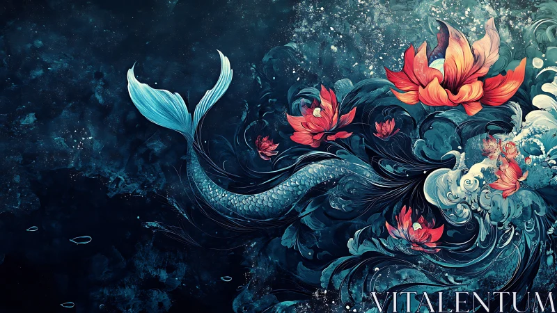 Digital composition shows mermaid tail with floral water forms