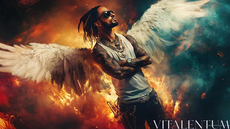 Tattooed angelic rebel stands defiant in blazing storm.