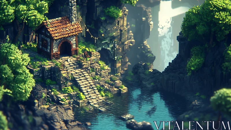 Isometric Fantasy Settlement in Overgrown Canyon.