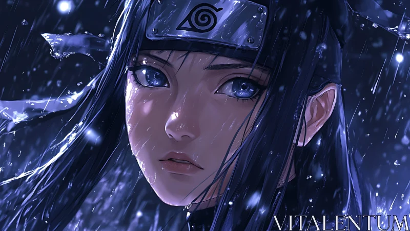 Rain-drenched kunoichi studies every falling shard of starlight