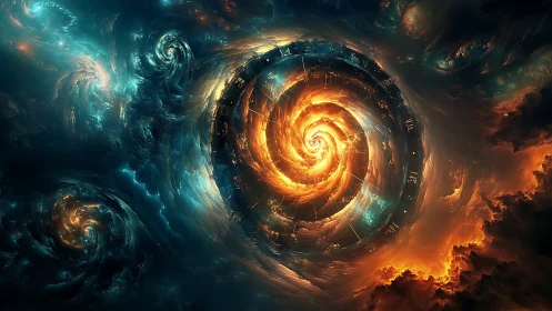 Celestial time vortex swirls through fiery and cosmic clouds