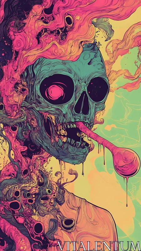Psychedelic skull dissolving into neon molten chaos.