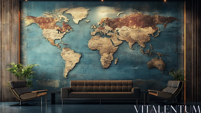 Copper continents and teal dreams in a wanderer’s lounge.