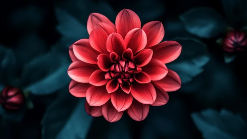 Red Dahlia Bloom Against Dark Teal Background