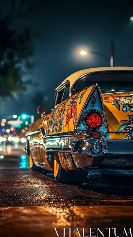 Custom lowrider tailfin glows against neon-soaked city street