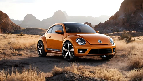 Orange compact hatchback is parked in a dry rocky landscape