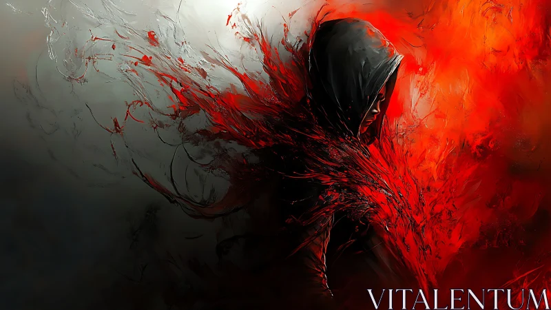 Hooded figure emerges from violent crimson energy storm.