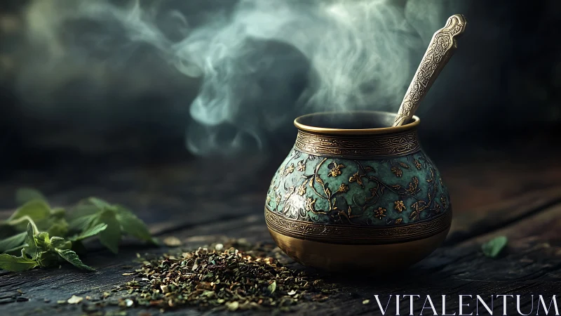 Ornate brass teacup holds steaming herbal infusion on wood