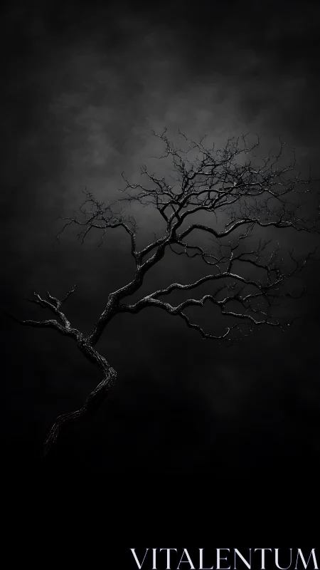 Gnarled bare tree silhouette against moody storm-lit sky.