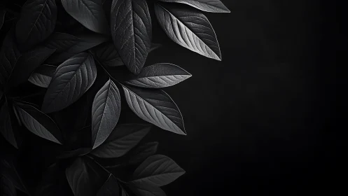 Monochrome botanical leaves on deep black negative space.